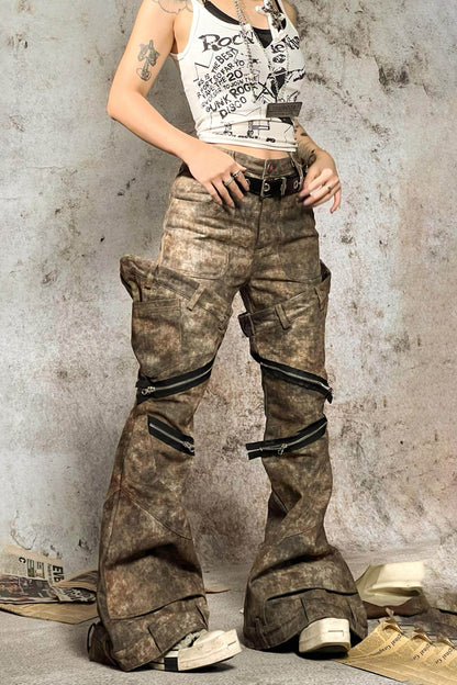 Rust Distressed Flared Zipper Jeans