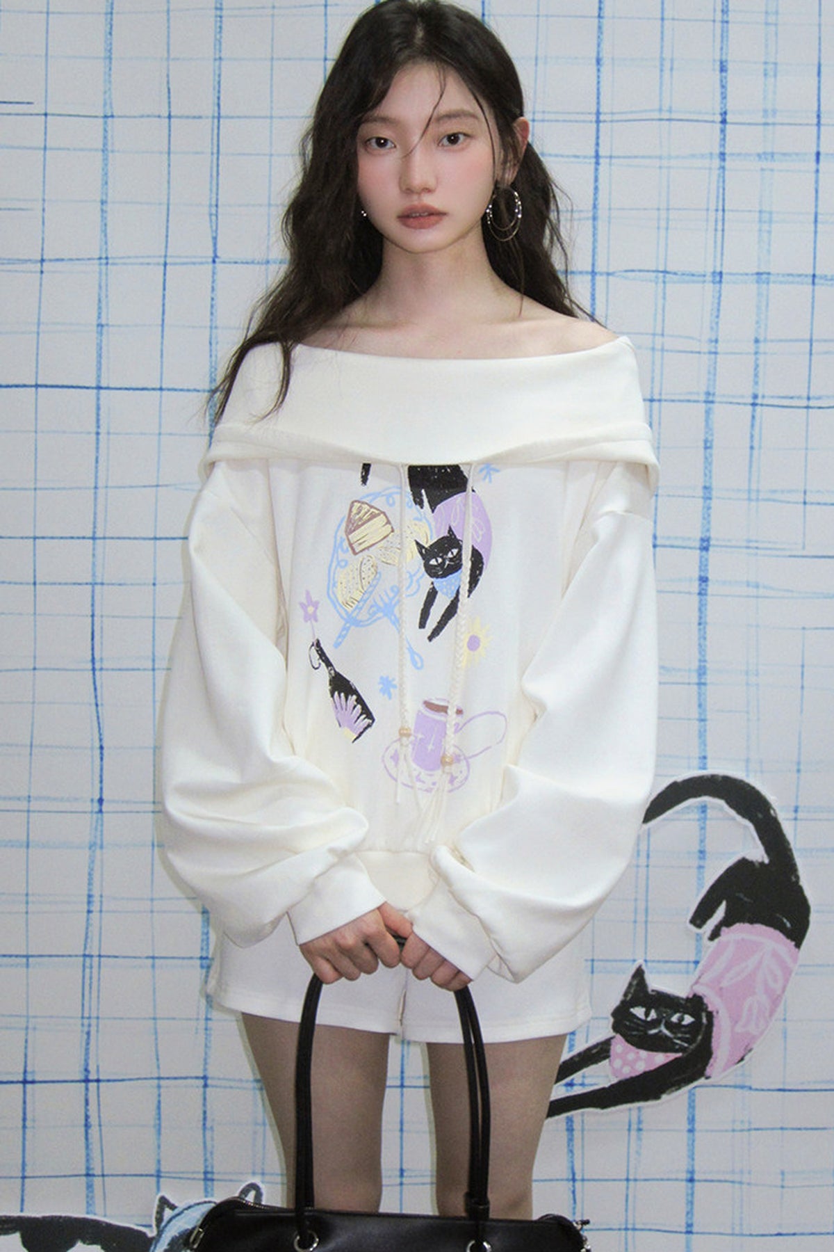 Cat Print Hooded Off-Shoulder Sweatshirt Shorts Set-Up