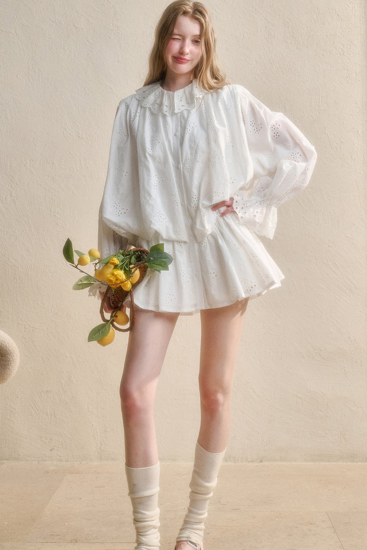 Long-Sleeved Cotton Embroidered Shirt Dress