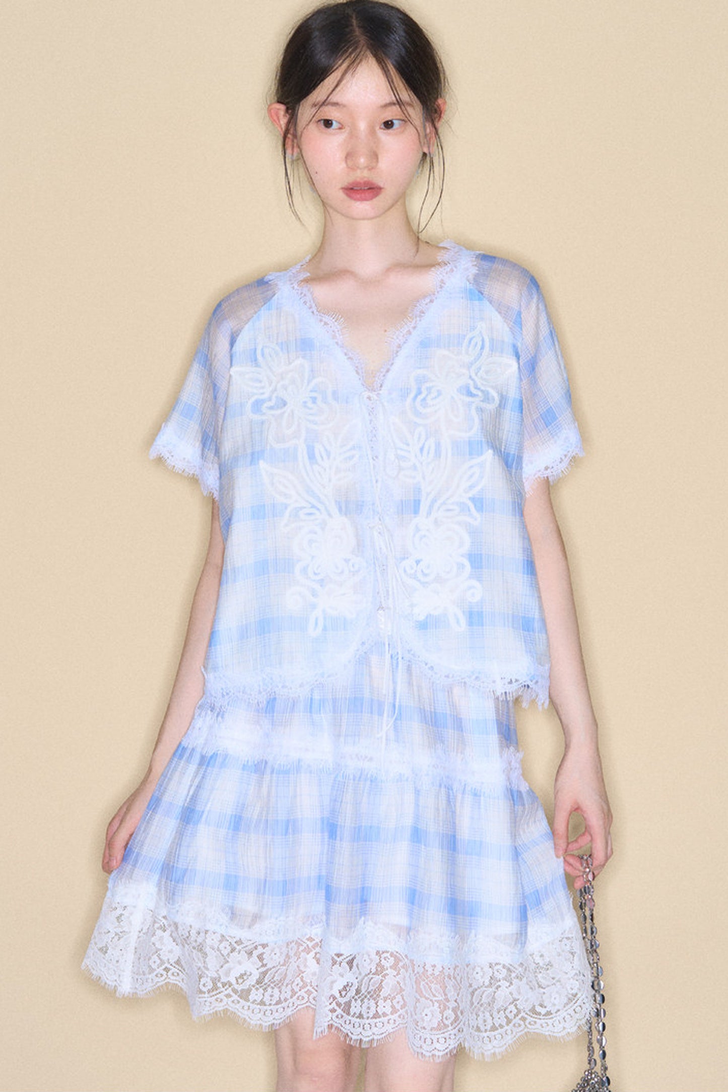 Blue White Checkered Lace Tencel Top Skirt Set-Up