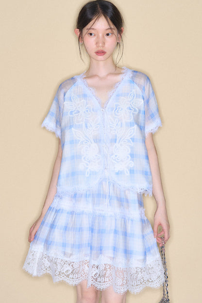 Blue White Checkered Lace Tencel Top Skirt Set-Up