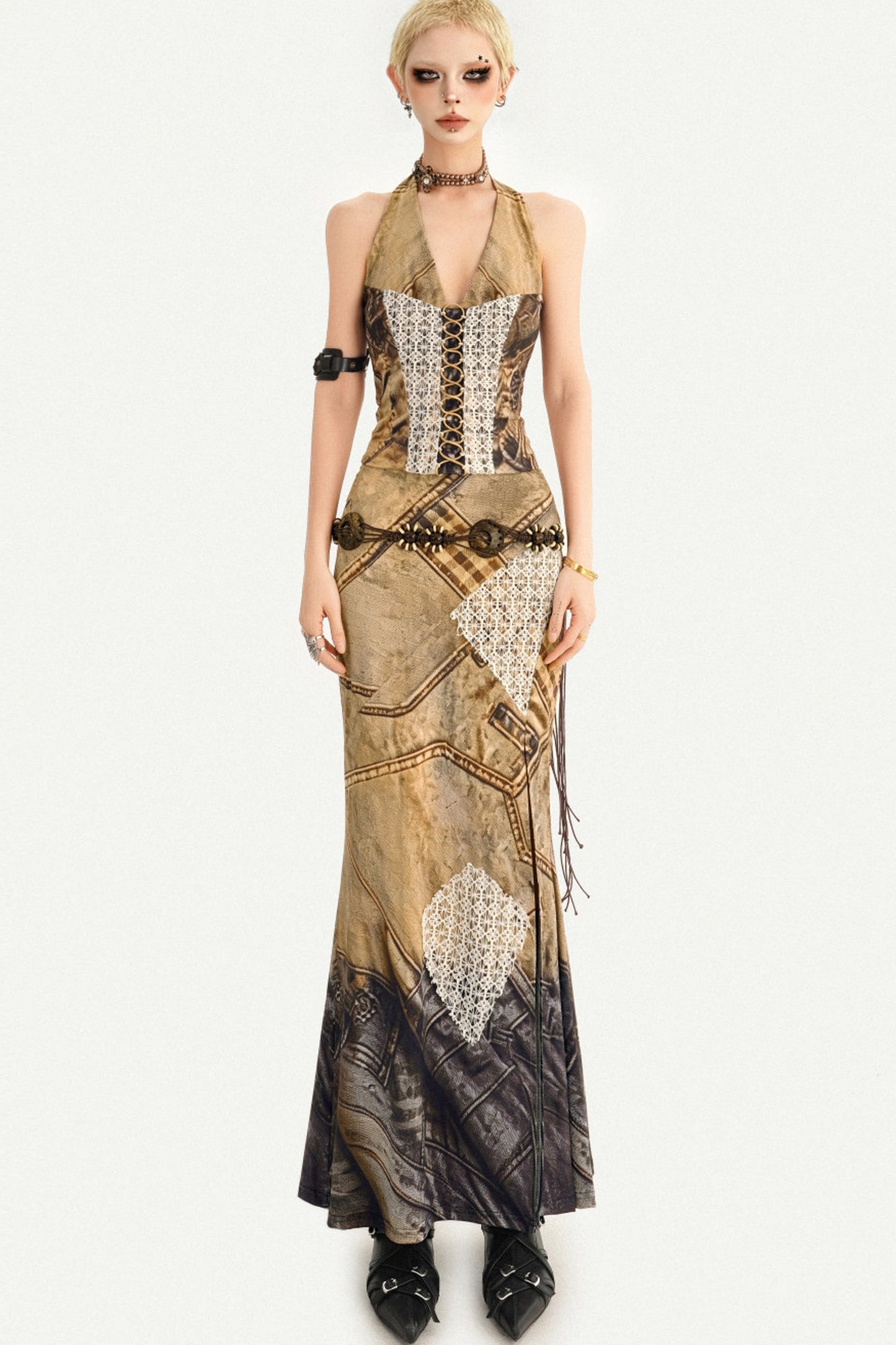 Wasteland Patchwork Lace Halter Top and Skirt Set-Up