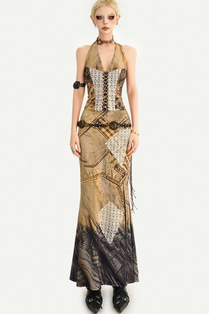 Wasteland Patchwork Lace Halter Top and Skirt Set-Up