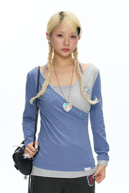 Diagonal Placket Layered-Look T-Shirt