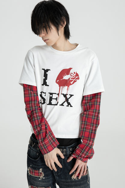 Red Checkered Patchwork Long Sleeve T-Shirt