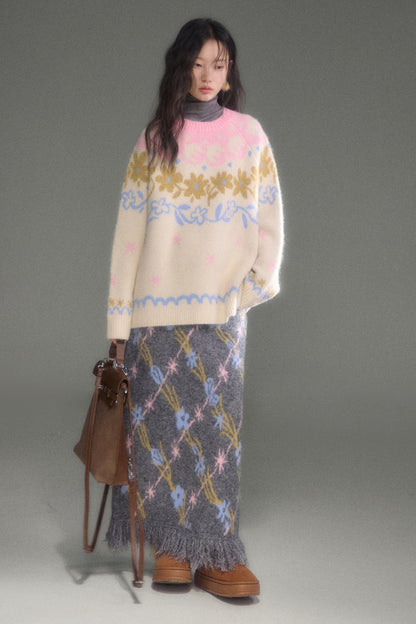 Retro Fair Isle Floral Jacquard Wool Sweater