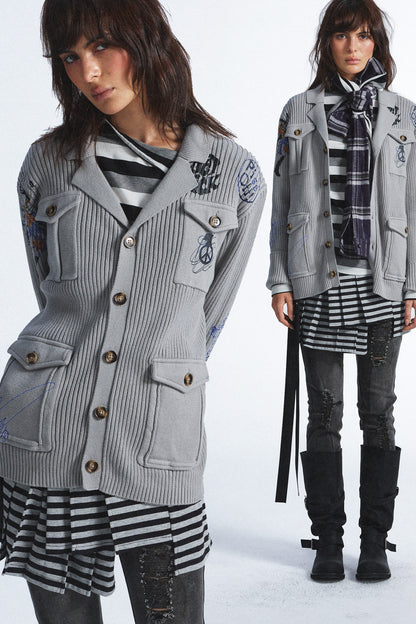 Distressed Graffiti Deconstructed Patch Pocket Cardigan