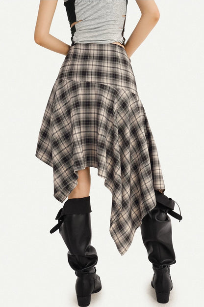 Retro Asymmetrical Plaid Midi Skirt