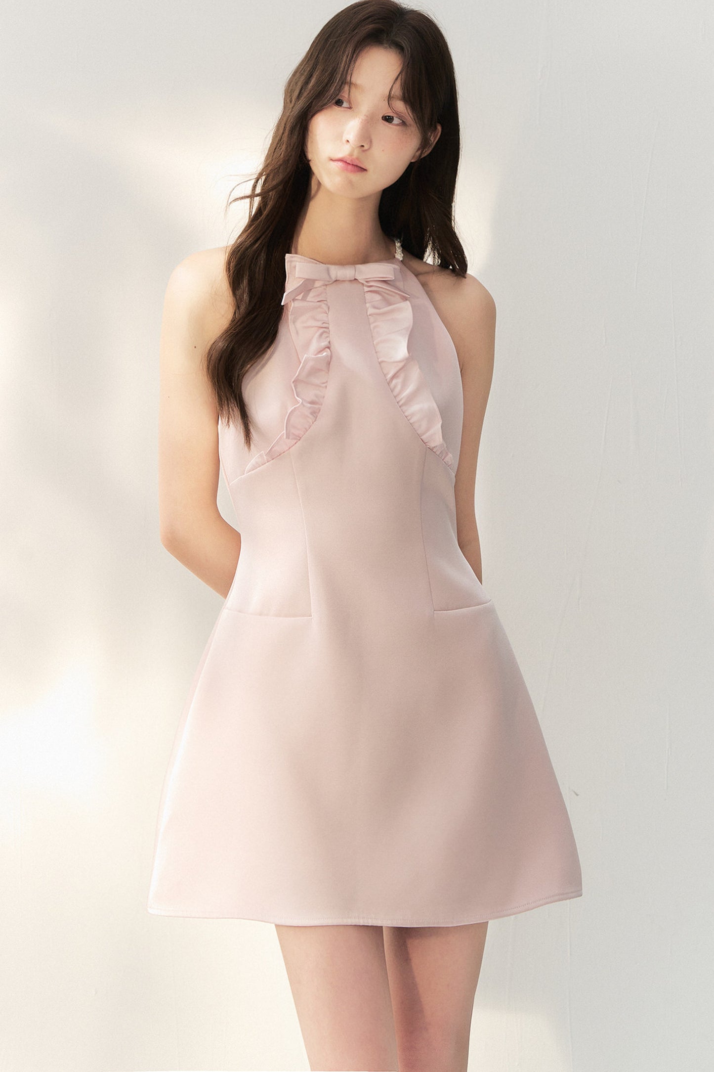 Pink Satin Ruffle Bow Halter Dress
