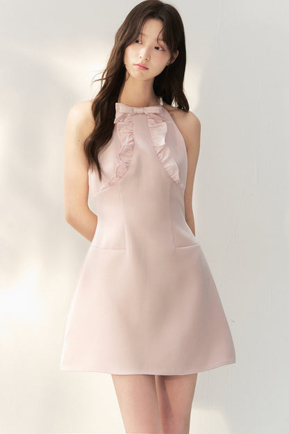 Pink Satin Ruffle Bow Halter Dress