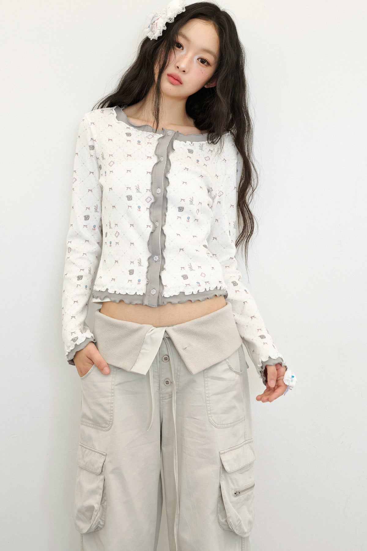Cardigan in maglia a maniche lunghe con stampa bicolore