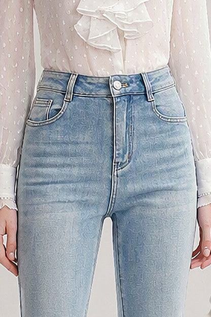 Jeans a vita alta con perline e orlo sfrangiato