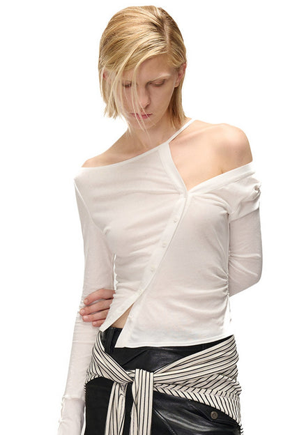 High-Elastic Diagonal Placket Long-Sleeve T-Shirt
