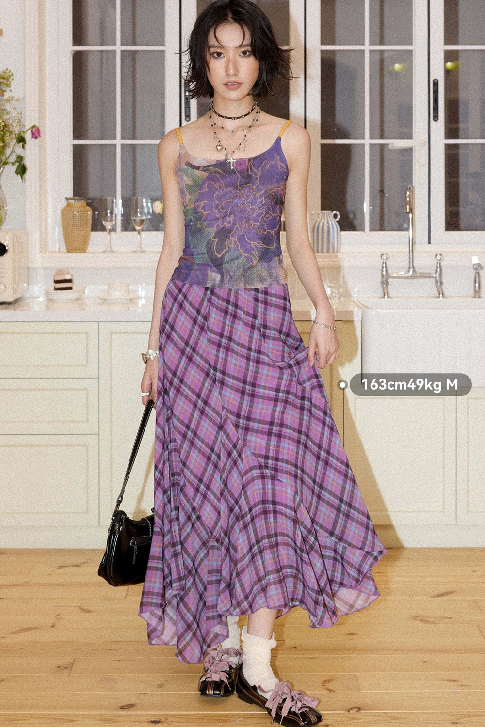 Asymmetrical Color-Block Plaid Chiffon Skirt
