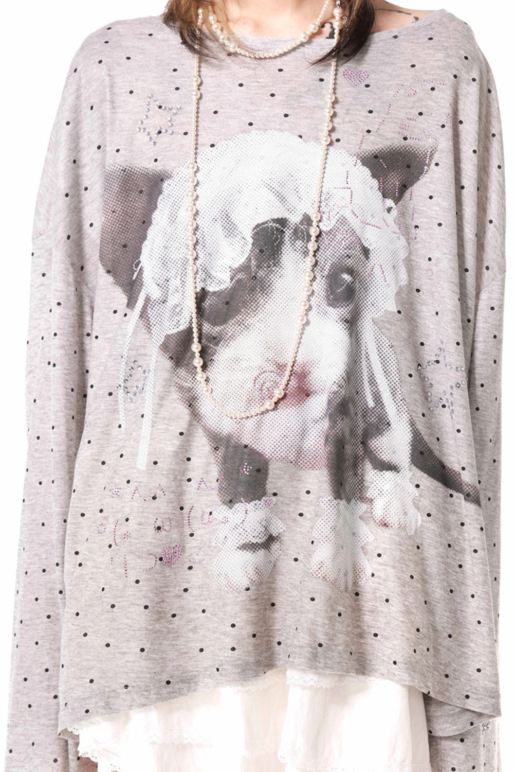 Polka Dot Cat Rhinestone Long-Sleeved T-Shirt