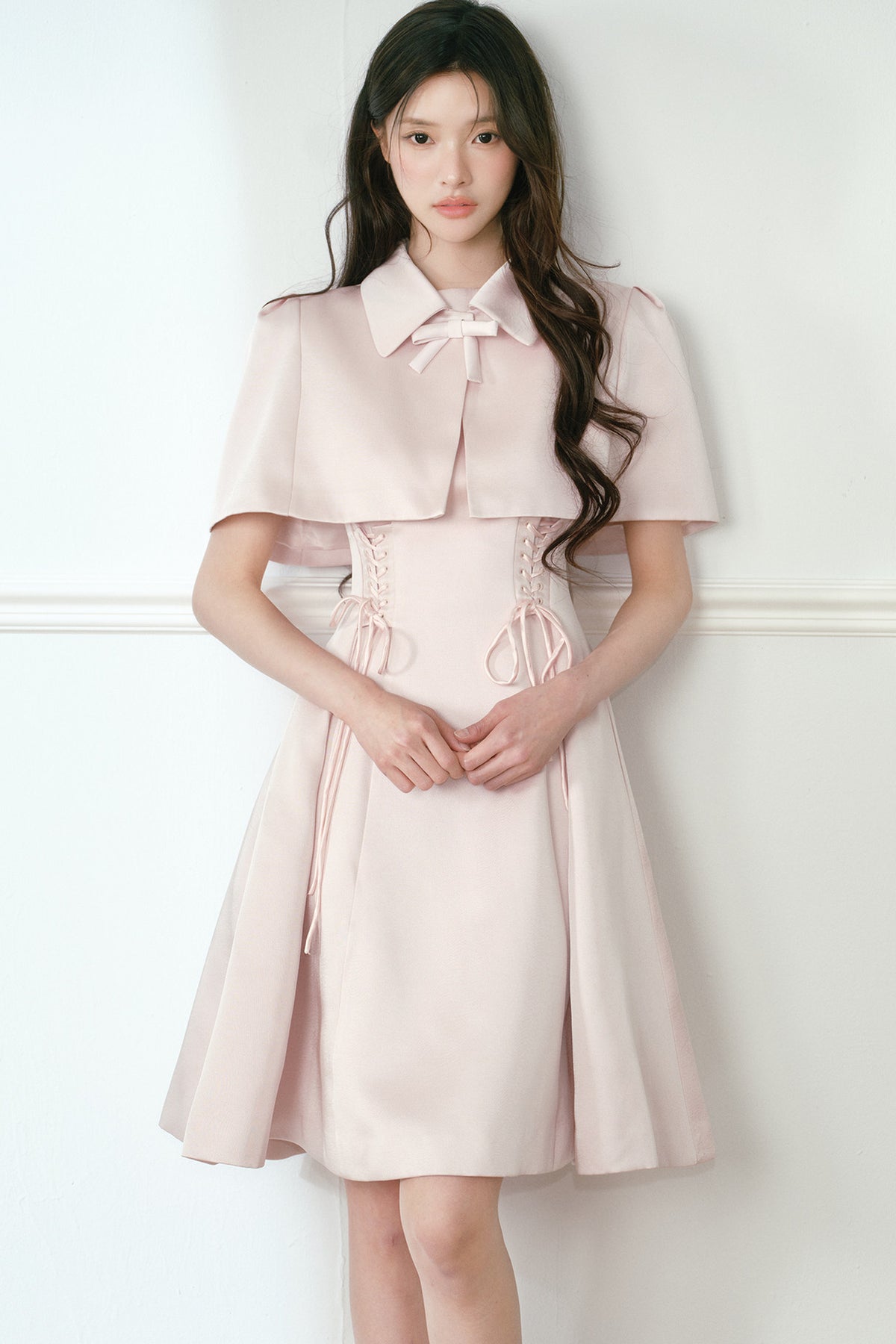 Pink Satin Cape and Waist Tie Dress Set-Up