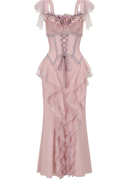 Purple Floral Fishbone Corset Camisole and Satin Skirt Set-Up