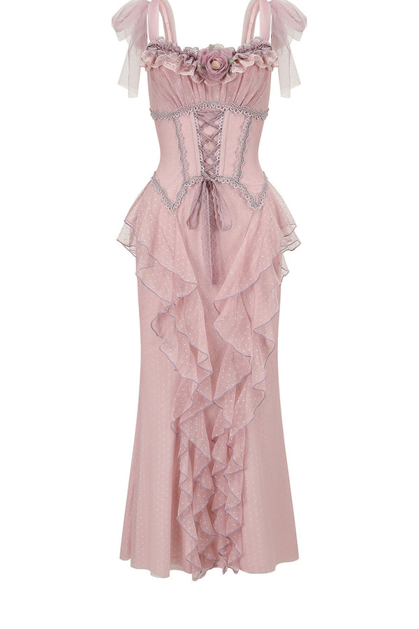 Purple Floral Fishbone Corset Camisole and Satin Skirt Set-Up