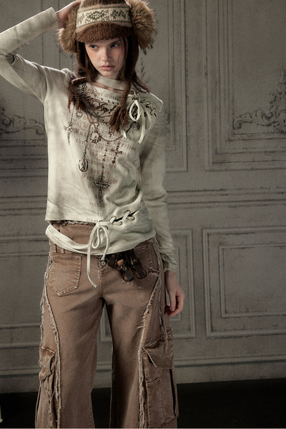Letter Print Layered-Look Off-Shoulder Long-Sleeve T-shirt