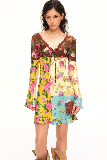 Spliced Floral Rayon V-Neck Bell-Sleeve Dress
