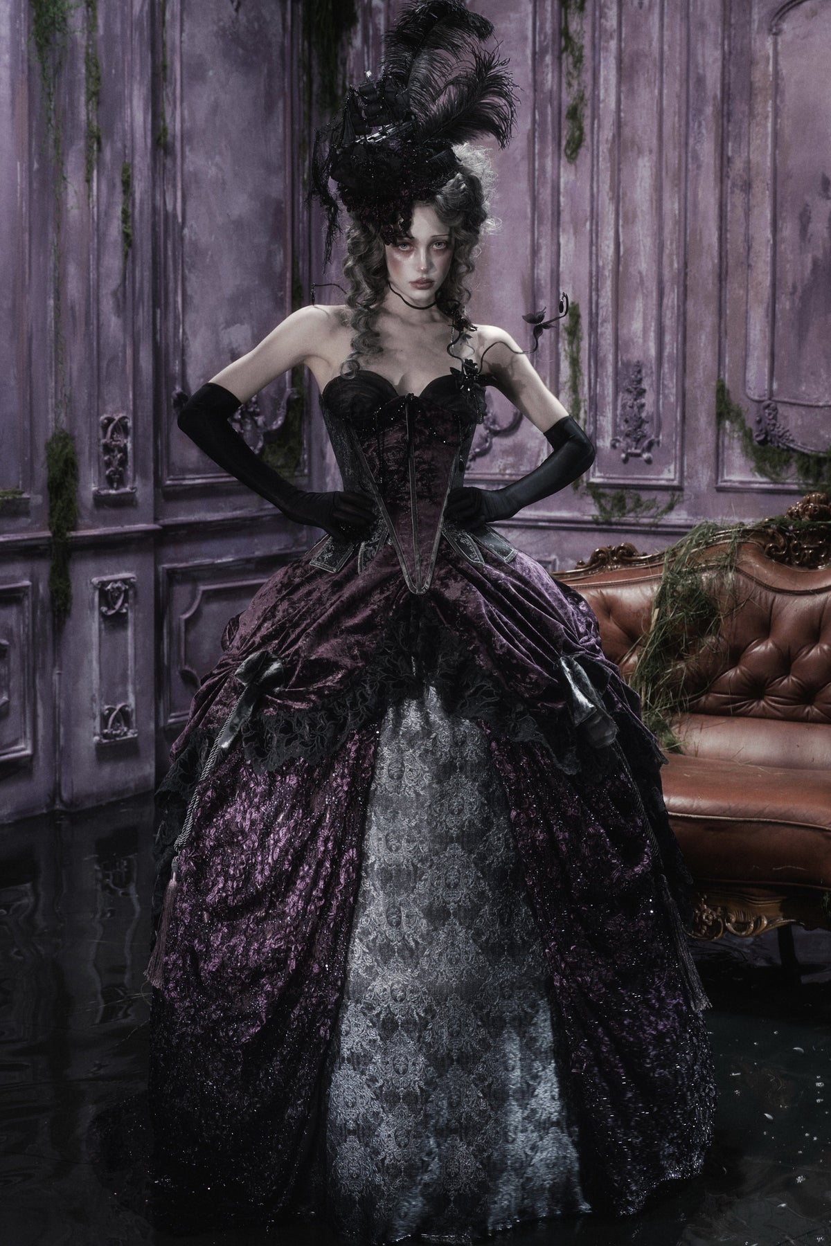 Gothic Dark Purple Bustle Skirt Set-Up
