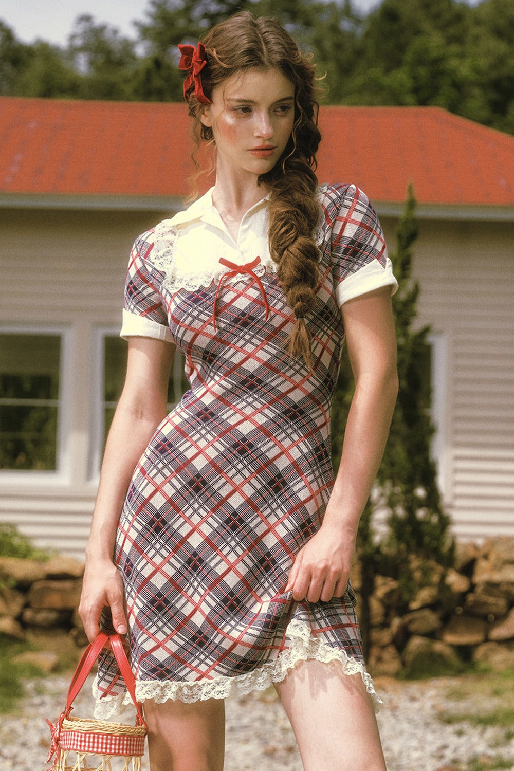 Plaid Contrast Lapel Dress