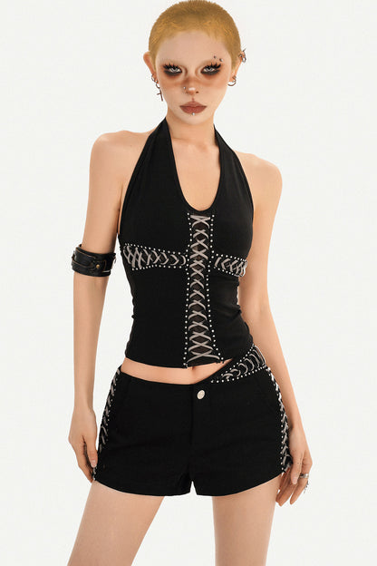 V-Neck Halter Tie-Waist Backless Top and Shorts Set