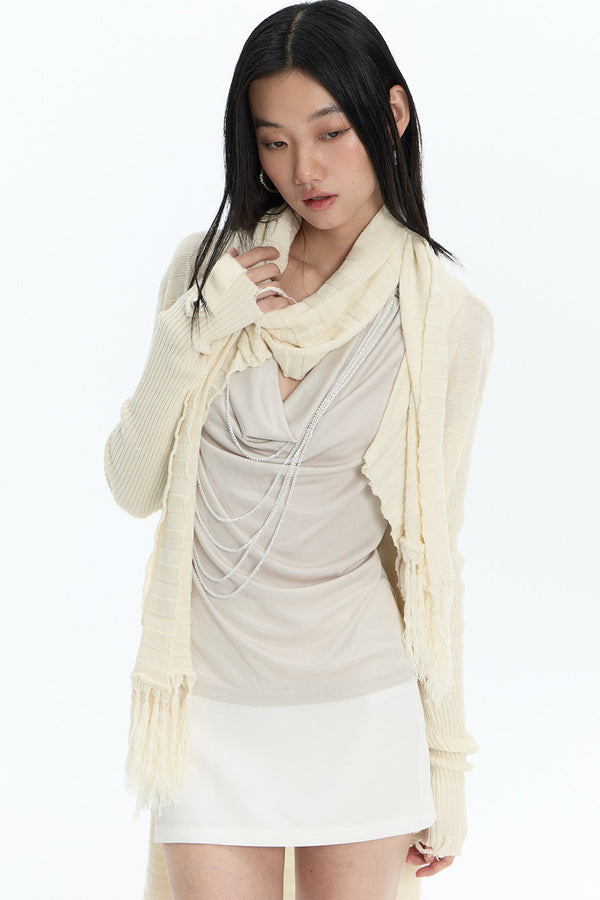 Asymmetrical Fringed Wool Knit Jacket Set-Up