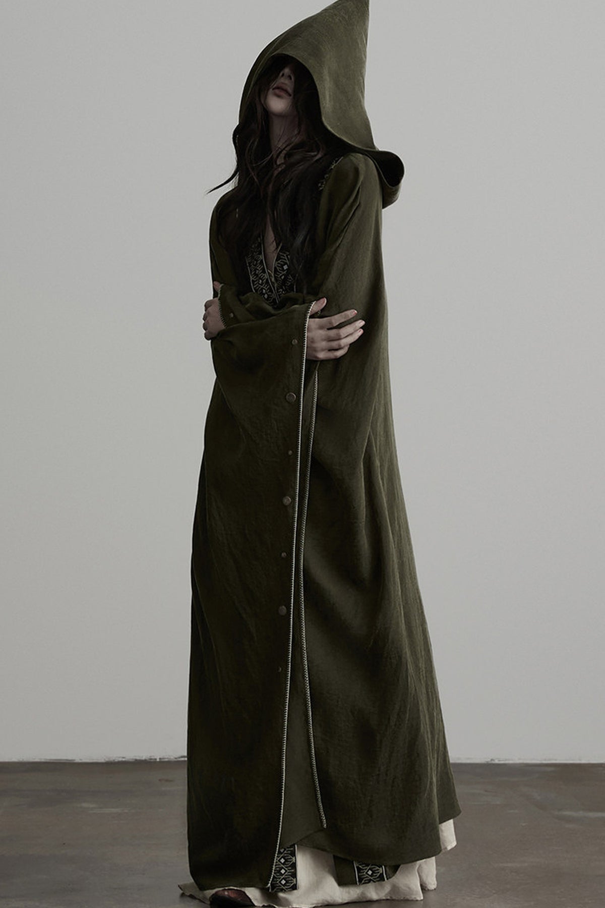 Dark Forest Green Embroidered Detachable Hood Cape