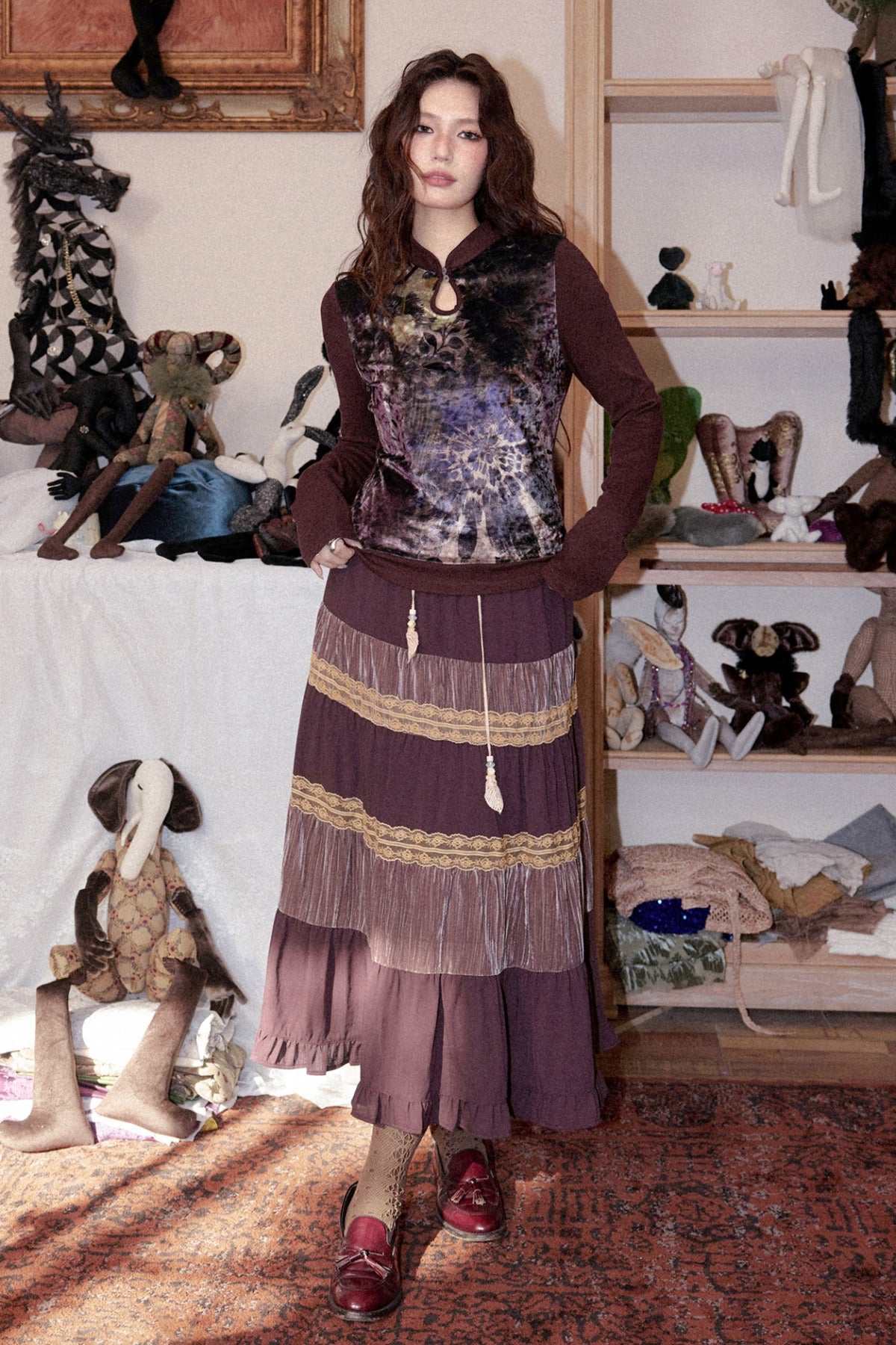 Crinkled Velvet Floral A-Line Skirt
