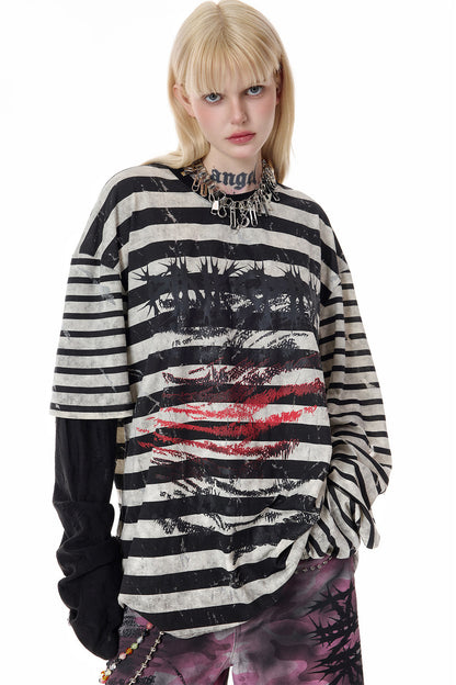 Punk Burnt Floral Cut-Out Striped Raglan Blouse