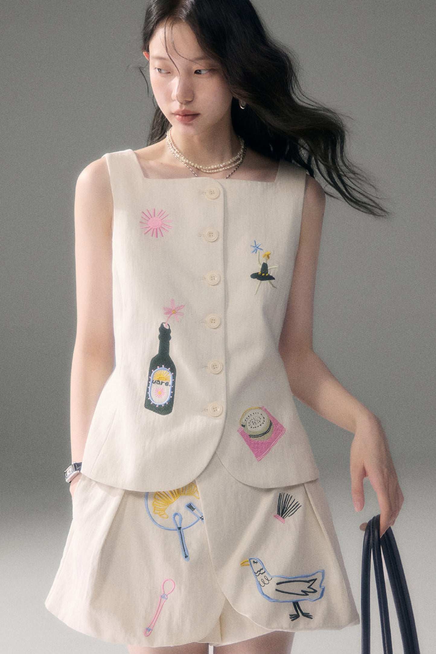 Ear Detail Tencel Cotton Embroidered Vest and Shorts Set-Up