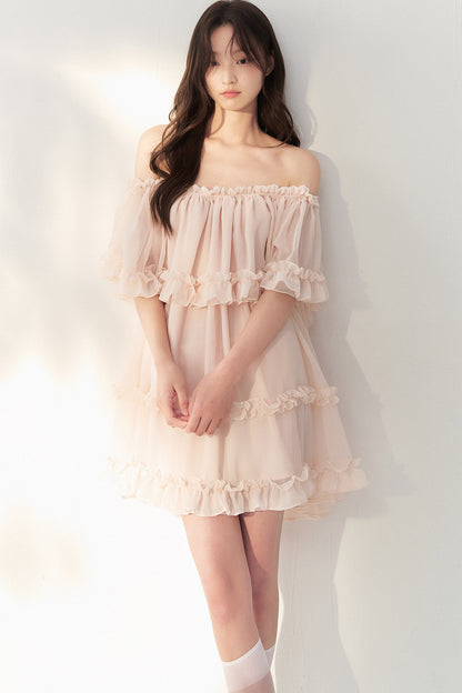 One-Shoulder Smoky Pink Tulle Lace Dress