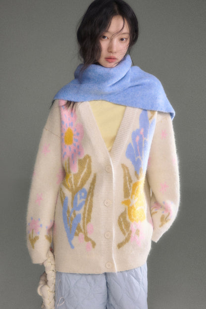Ear-Flap Bird Tulip Jacquard Wool Cardigan
