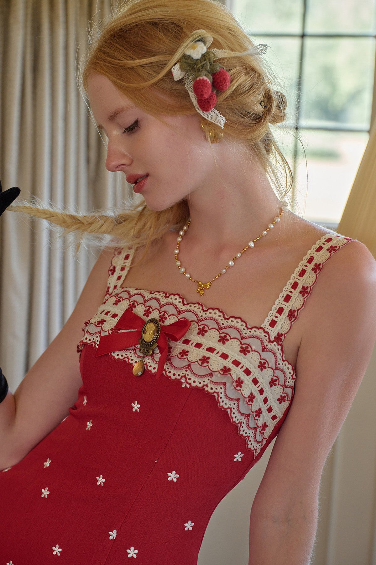 Berry Embroidered Strap Dress and Cardigan Set-Up