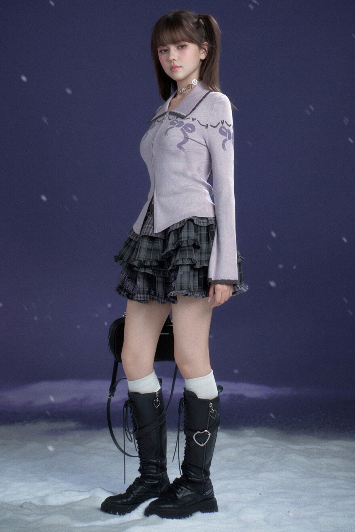 Milk Purple Bow Jacquard Turn-Down Collar Sweater