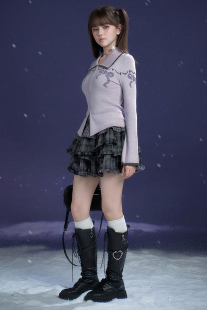 Milk Purple Bow Jacquard Turn-Down Collar Sweater