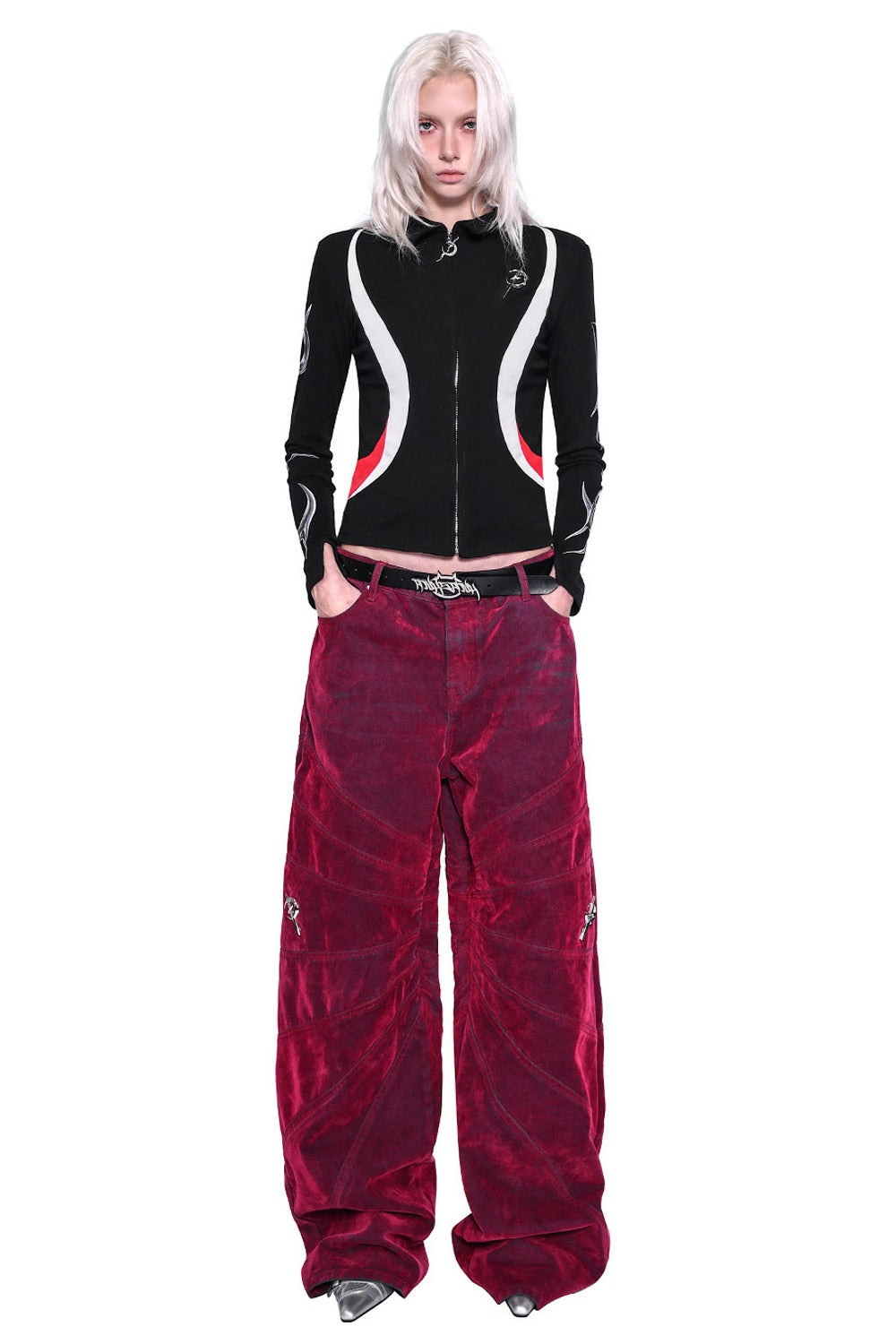 Red Ray Structure Velvet Loose Fit Jeans