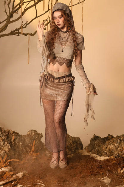 Wasteland Style Lace Camisole Hood Cape Sleeve Set-Up