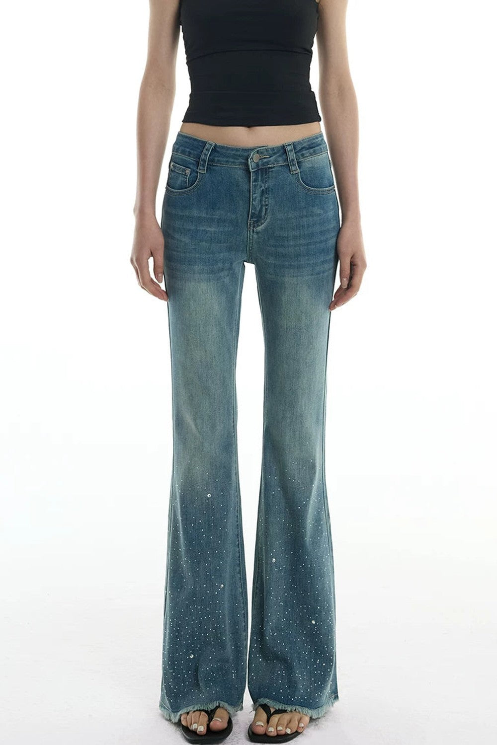Schlag-Jeanshose mit Strass