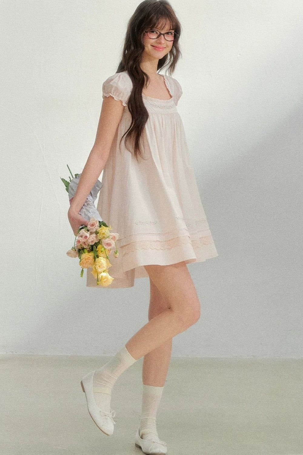 Square Neck Lace Embroidery Dress