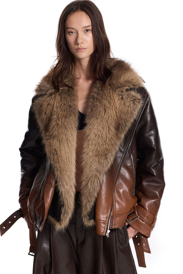 Gradient Dyed PU Leather Detachable Fur Collar Jacket