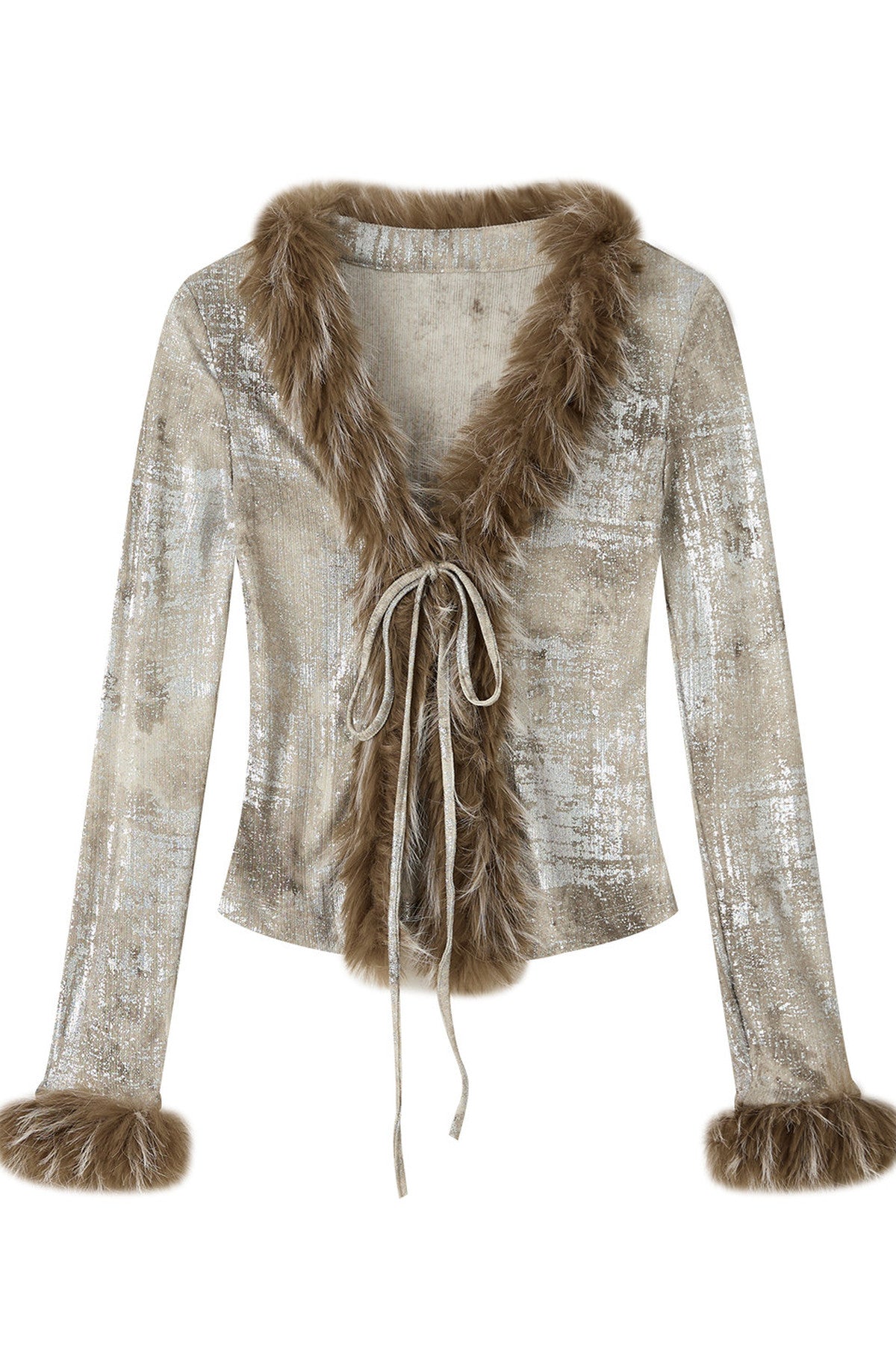 Fur Collar V-Neck Long-Sleeve T-Shirt