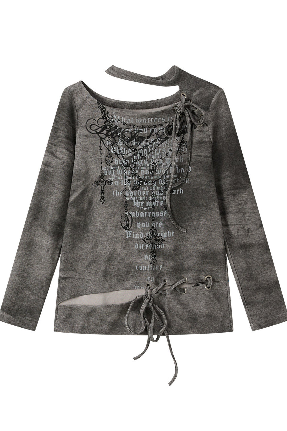 Letter Print Layered-Look Off-Shoulder Long-Sleeve T-shirt