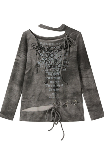 Letter Print Layered-Look Off-Shoulder Long-Sleeve T-shirt