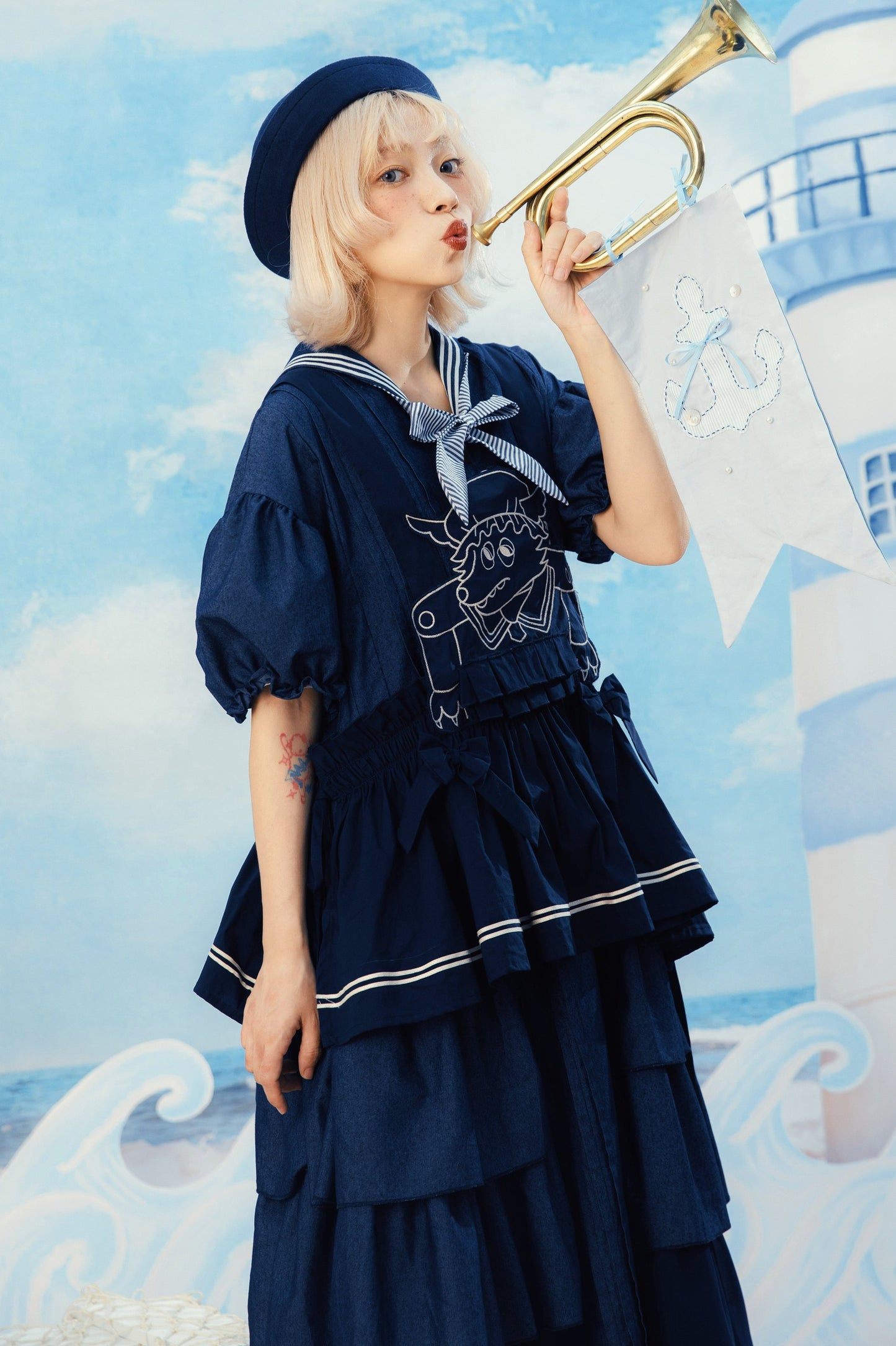 Layered-Look Wolf Embroidery Plaid Apron Dress