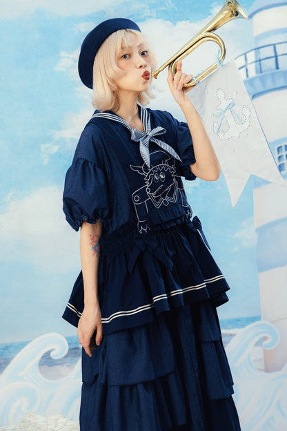 Layered-Look Wolf Embroidery Plaid Apron Dress