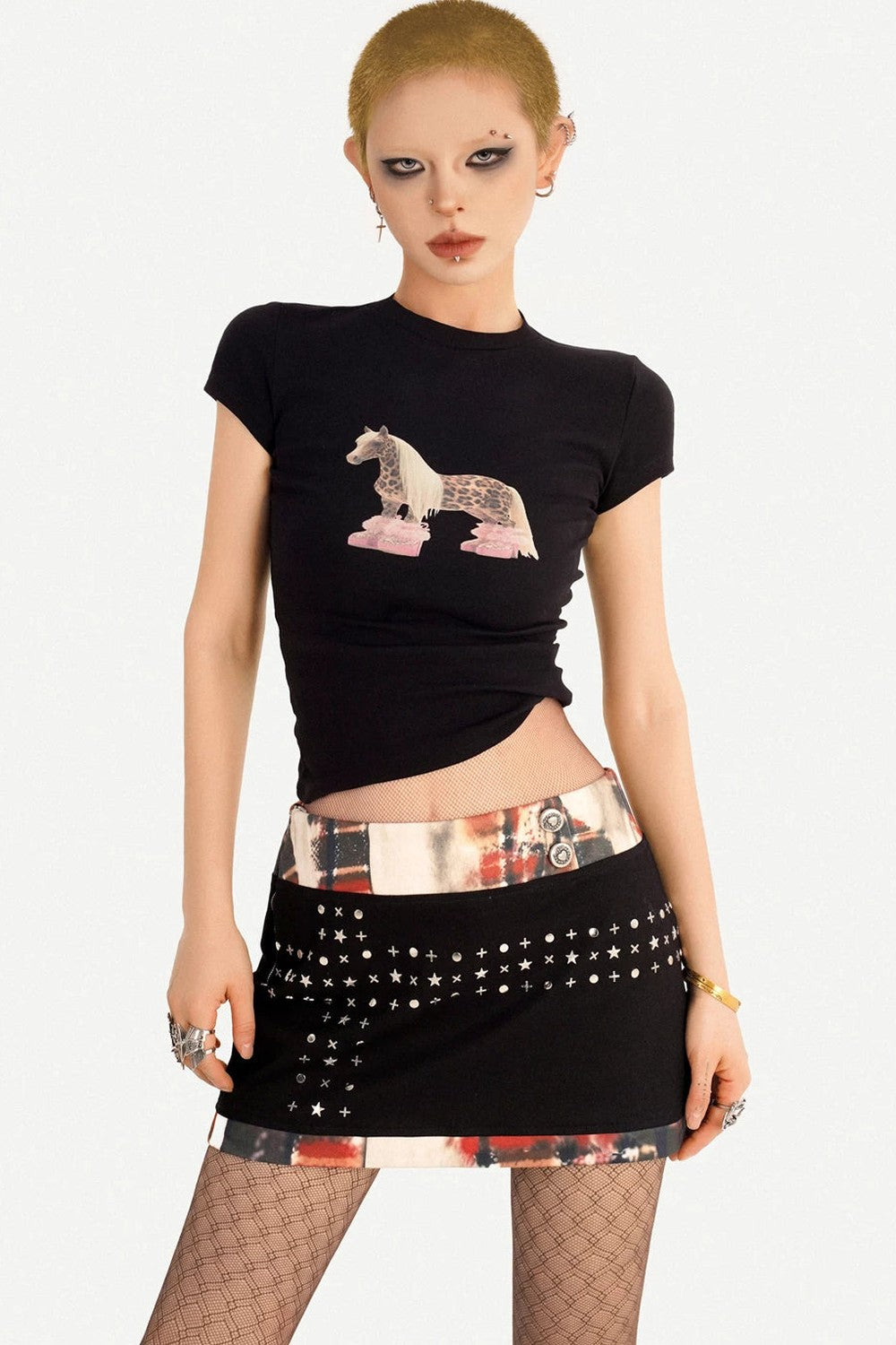 Black Patchwork Studded Bodycon Skirt