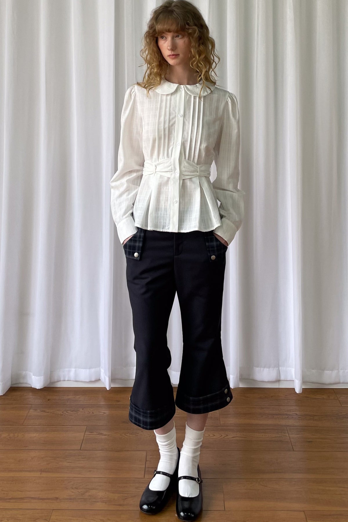 Low-Waisted Plaid Straight-Leg Buttoned Rolled Hem Pants