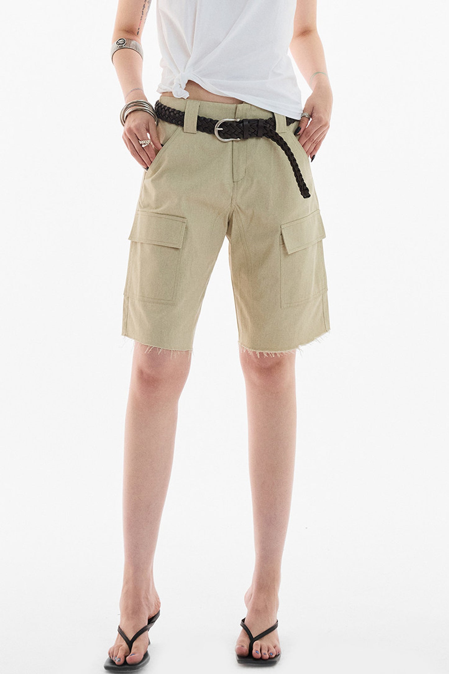 Khaki Workwear Straight-Leg Frayed Hem Pants